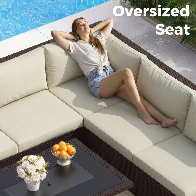 5-piece Outdoor Patio Sectional Sofa Grey Pe Rattan Wicker Conversation Set With Cushions, Brown/Beige