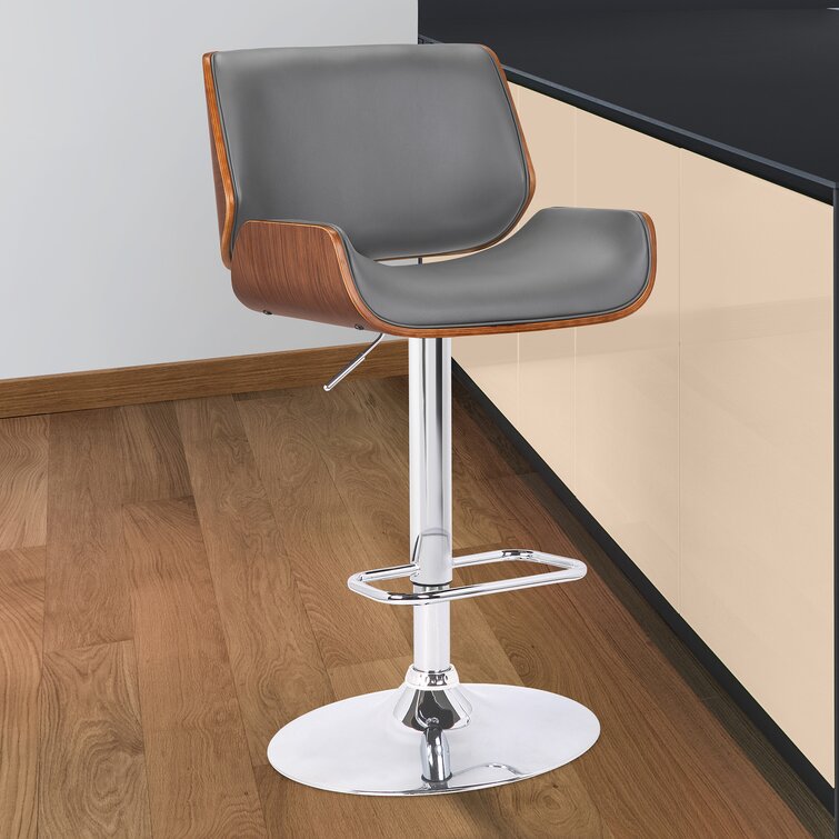 Cecillia Swivel Adjustable Height Barstool in Chrome, Walnut Wood and Faux Leather