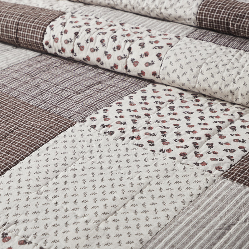 Courtepointe réversible en coton beige / brun Florette, Très grand