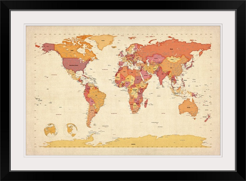 Francy " World Map " by Michael Tompsett, Black Framed, 20" H x 26" W x 1" D