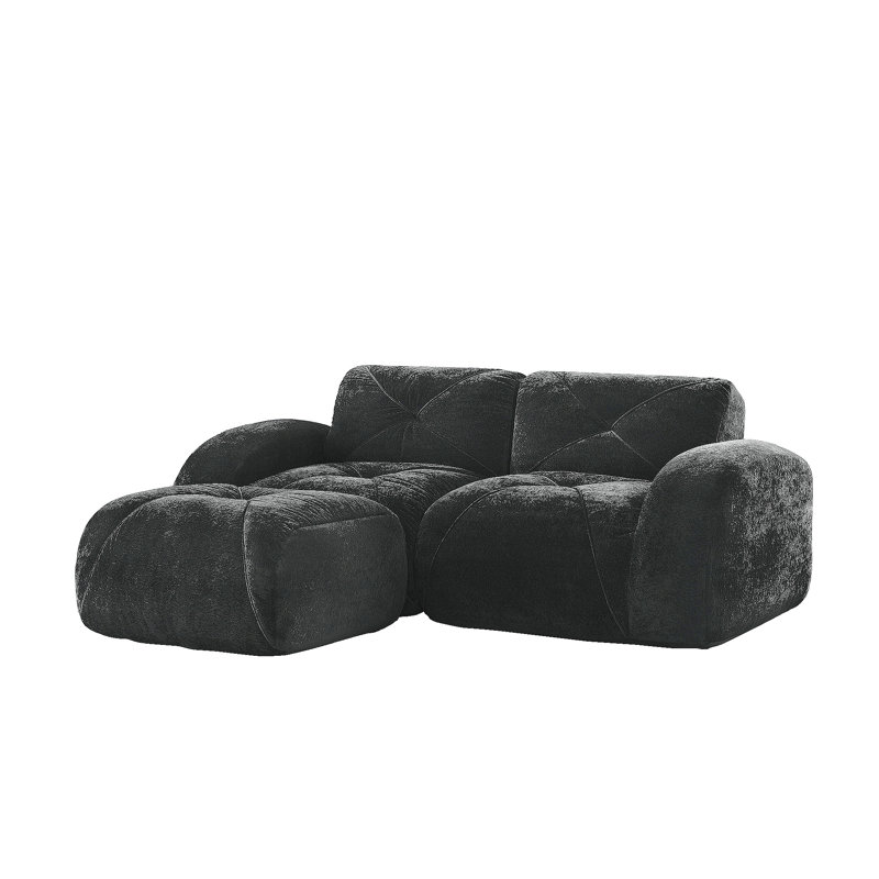 Canapé en forme de L sans os, tissu de velours doux, conception capitonnée, éponge haute densité 32D, aucun assemblage requis, conception ergonomique inférieure, conception antidérapante, repose-pieds mobile pour les chambres à coucher, noir