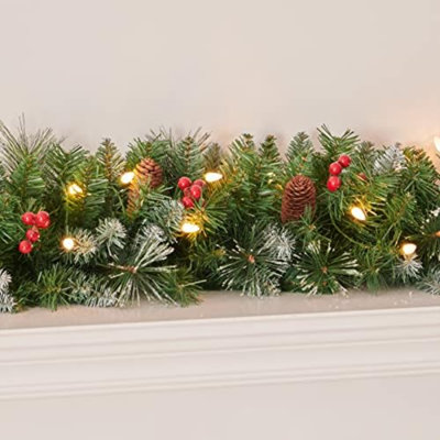 9 Feet Pre-Lit Christmas Garland, Mixed Pine Decorated with Frosted Berries, Pinecones, 70 Lights Plug in, for Mantle Staircase Indoor and Outdoor