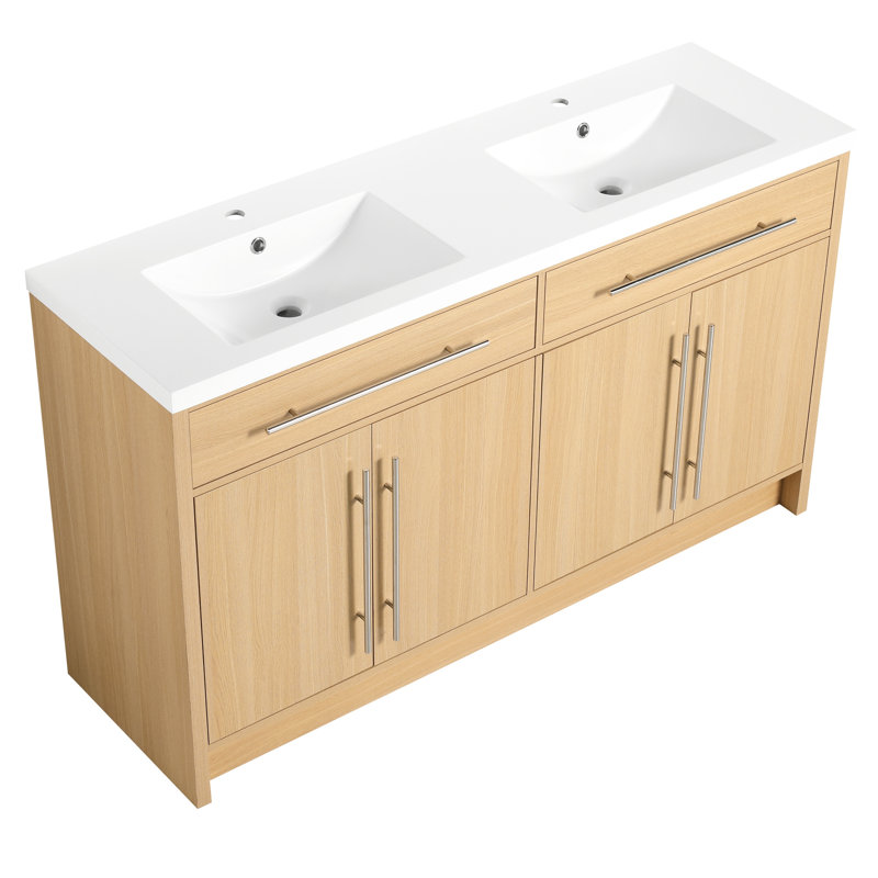 Meuble-lavabo autoportant de 60 po avec lavabo double en résine, 4 portes à fermeture douce, contreplaqué de chêne original et poignées décoratives en métal
