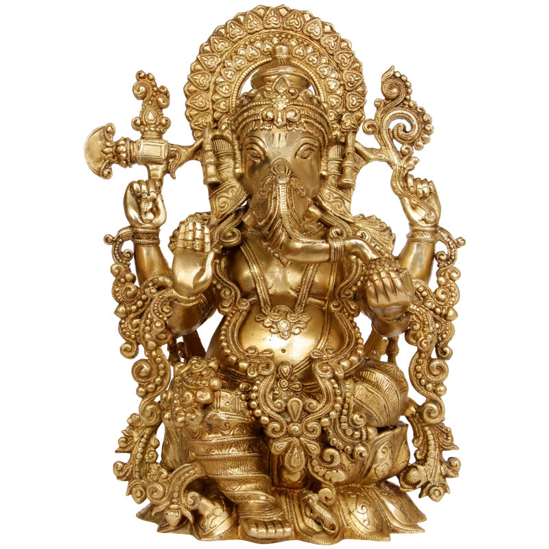 Handmade Brass Lord Ganesha Statue Granting Abhaya – 16 Inch Indian Idol, Natural Gold Finish, Auspicious Decor for Altar, Entryway, Worship