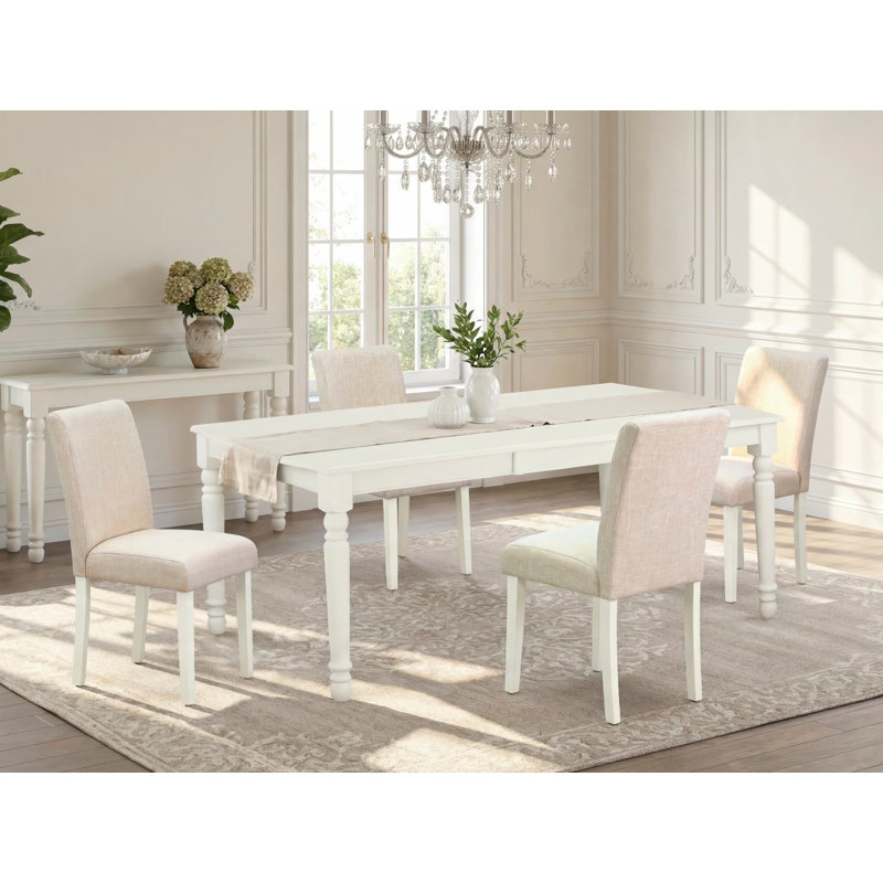 L'ensemble de table de salle à manger 5 pièces pour 4 personnes comprend une table de cuisine rectangulaire avec rallonge papillon et 4 chaises Parson en tissu de lin beige clair, 42 x 78 pouces, blanc lin
