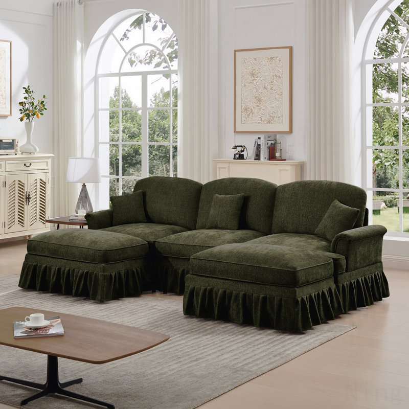 Canapé modulaire en U avec accoudoirs évasés et volants amovibles Classic, Vert, 5