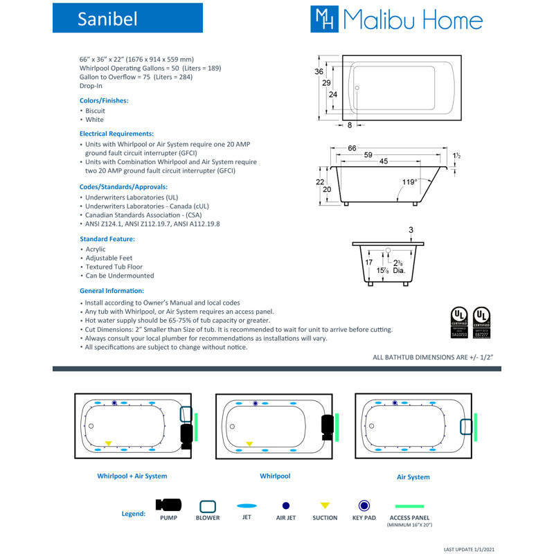 Sanibel 72" x 32" Drop In Soaking Acrylic Bathtub, White