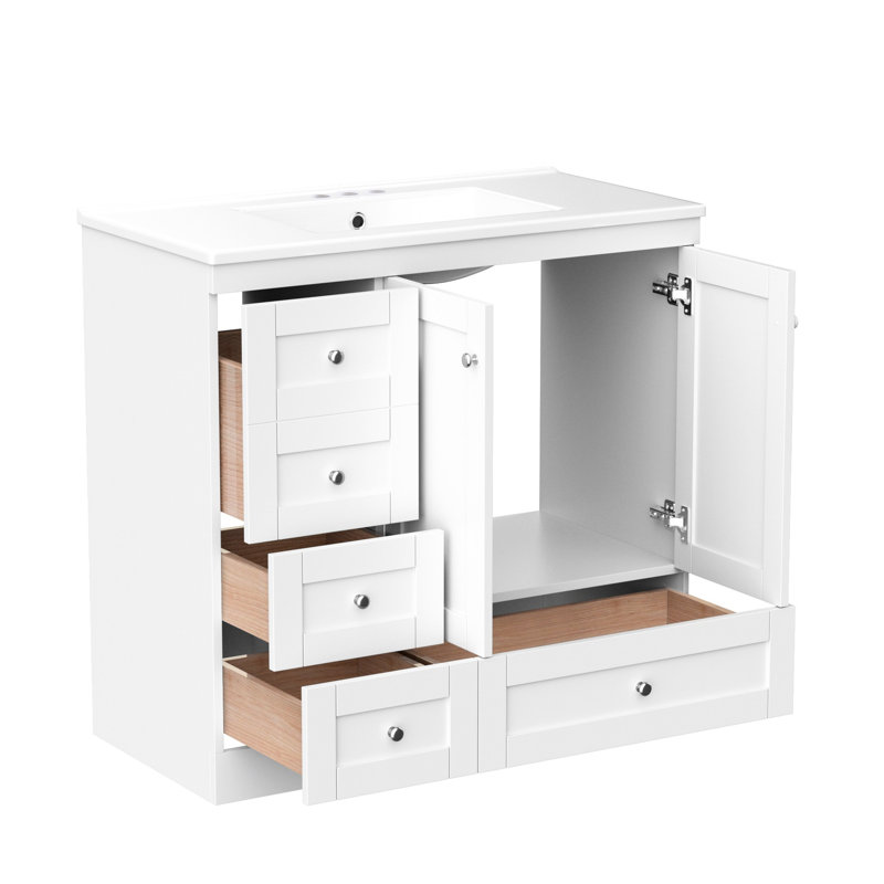 Meuble-lavabo de 36 po avec lavabo en céramique, espace pour les petites salles de bain, caractéristiques de fermeture en douceur, meuble-lavabo à poignée Shaker, armoire blanche, 4 tiroirs, 2 portes, surface d'évier lisse, assemblage facile