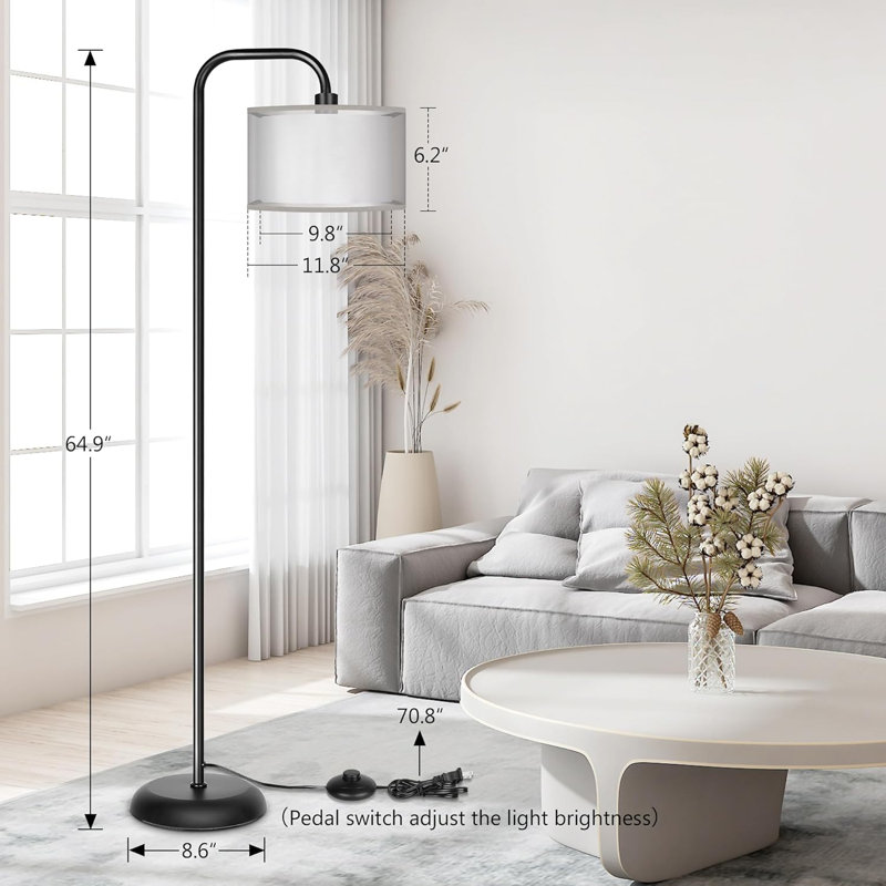 Led Floor Lamp For Living Room, Modern Standing Lamp With Foot Switch Grey Organza Fabric Shade Tall Pole Reading Lamp For Bedroom Study Room Office, 9w Bulb Included