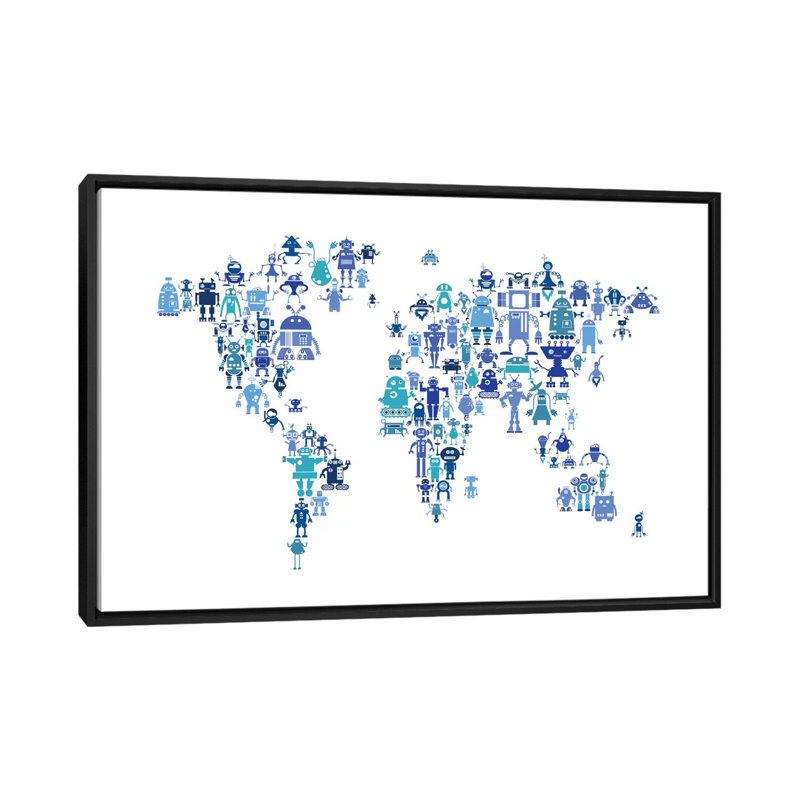 « world map series : teintes blue robots », impression sur toile tendue, H 40 po x l 60 po x P 1,5 po, Toile avec cadre noir
