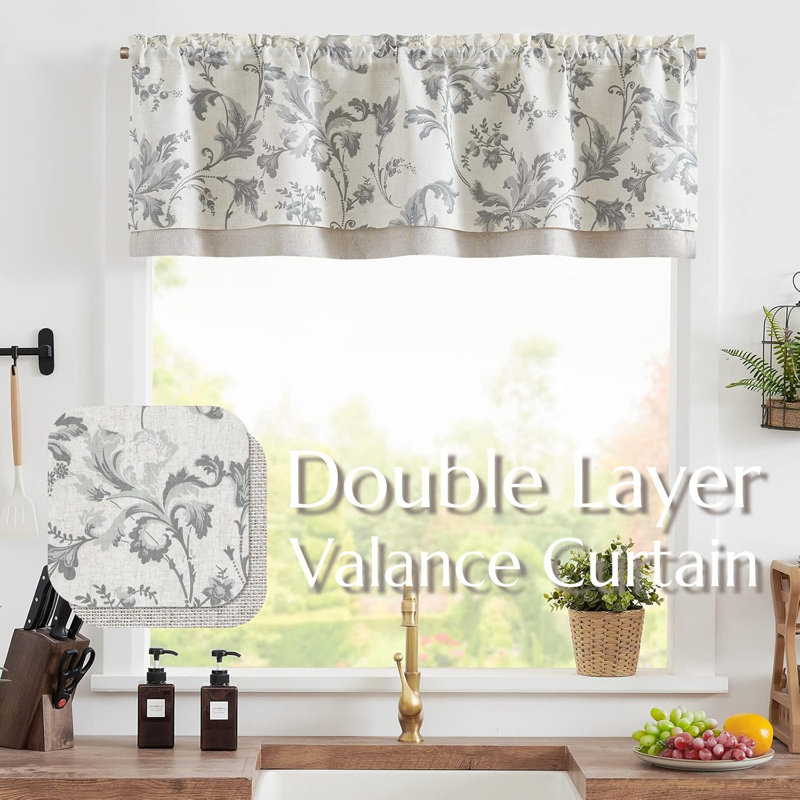 Cantonnière en lin à motif floral, L 50 po x L 18 po, Bleu