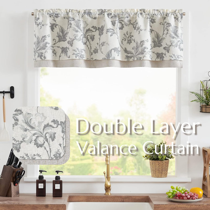 Linen Floral Valance Curtain Farmhouse Double Layer Valance, Gray, 50" W x 16" L