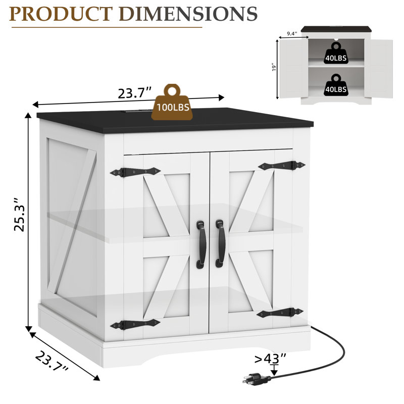 Table de bout Farmhouse avec station de charge, grand canapé de 24 po avec tablette de rangement réglable pour le salon et la chambre à coucher
