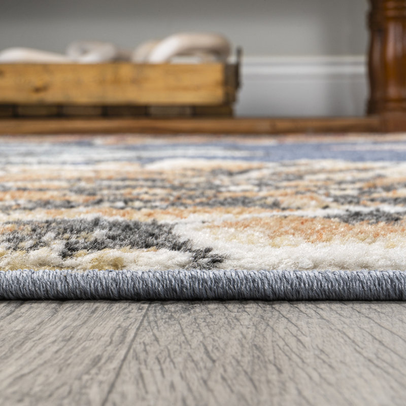 Jahnaya Modern Botanical Flower Blue/Orange/Cream Rug, Runner 2' x 8'