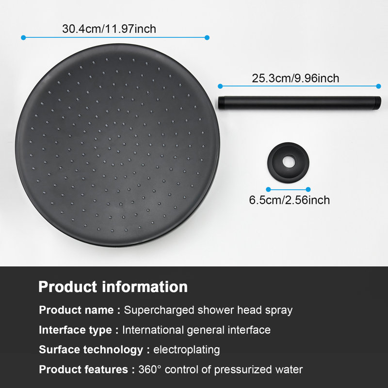 Tête de douche de plafond ronde en acier inoxydable de 12 po avec tête de douche noire matte