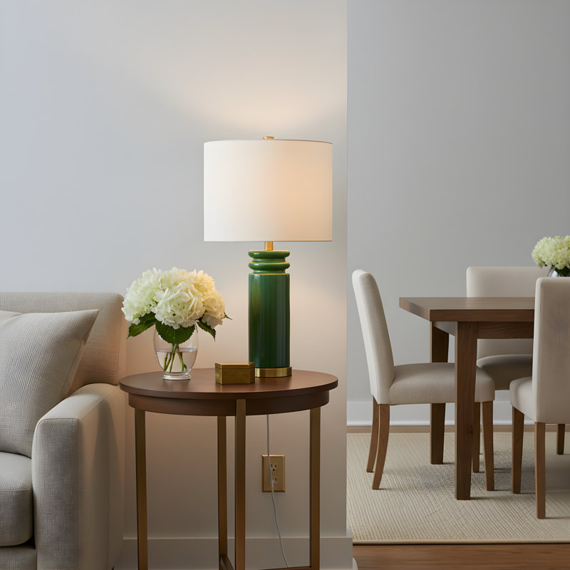 Ellen Degeneres Feikudo 1 Light Bedroom Home Office Living Room Lamp In Glossy Finish With Linen Shade, Green