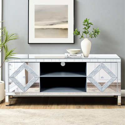 Mirrored Tv Stand For 65+ Inch Tvs, Silver Console With 2 Cabinets & Open Storage Compartment, Modern Living Room Stand, Cabinets, Furnishing
