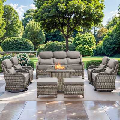 High Back Outdoor Furniture With 6-Inch Extra Thick Cushions, Patio Furniture Set With Fire Pit Table & Swivel Chairs, 8PCS Wicker Conversation Set For Yard, Deck, Poolside