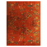 1920s Modern Square Orange Bold Floral Knotted Wool Antique Chinese Art Deco Rug