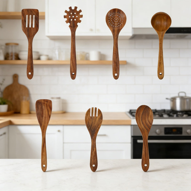 Ensemble d'ustensiles de cuisine en bois de teck 7 pièces avec spatule et louche, ustensiles de cuisine résistants à la chaleur pour casseroles antiadhésives, écologiques et durables