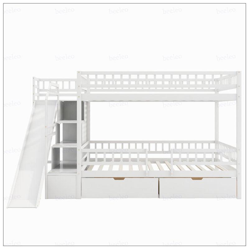 Lit superposé double au-dessus de double avec escalier de rangement, glissière et 2 tiroirs, Blanc