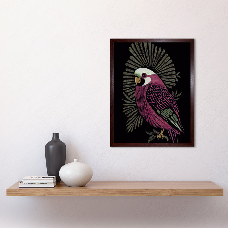 Tropical Bird Jungle Linocut Retro Vintage - Print, Brown Framed Paper, 43cm H x 33cm W x 2cm D