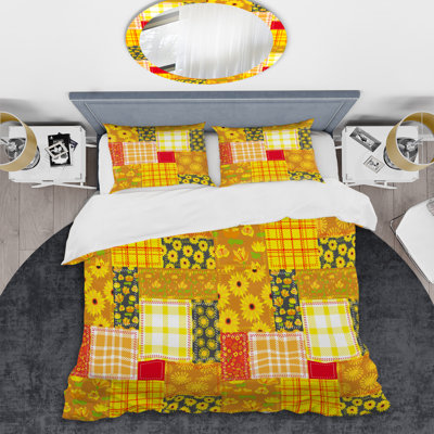 Yellow Floral Patchwork - Abstract Duvet Cover Set - Microfiber Polyester