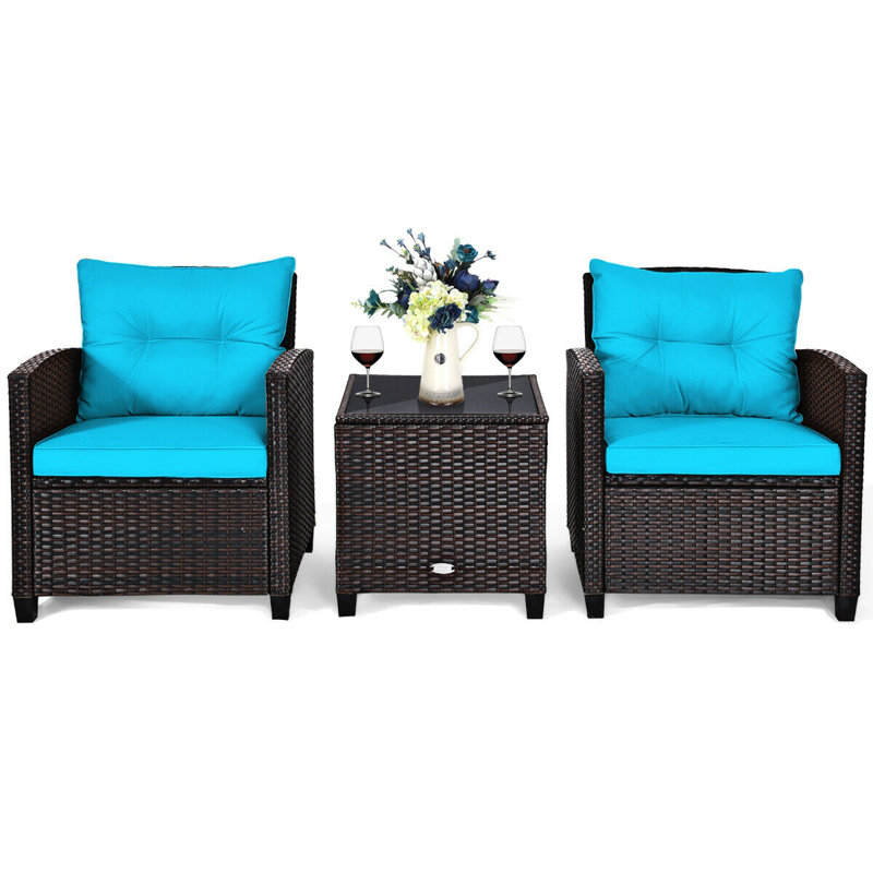 Ensemble de conversation en rotin de trois articles avec coussins, Turquoise