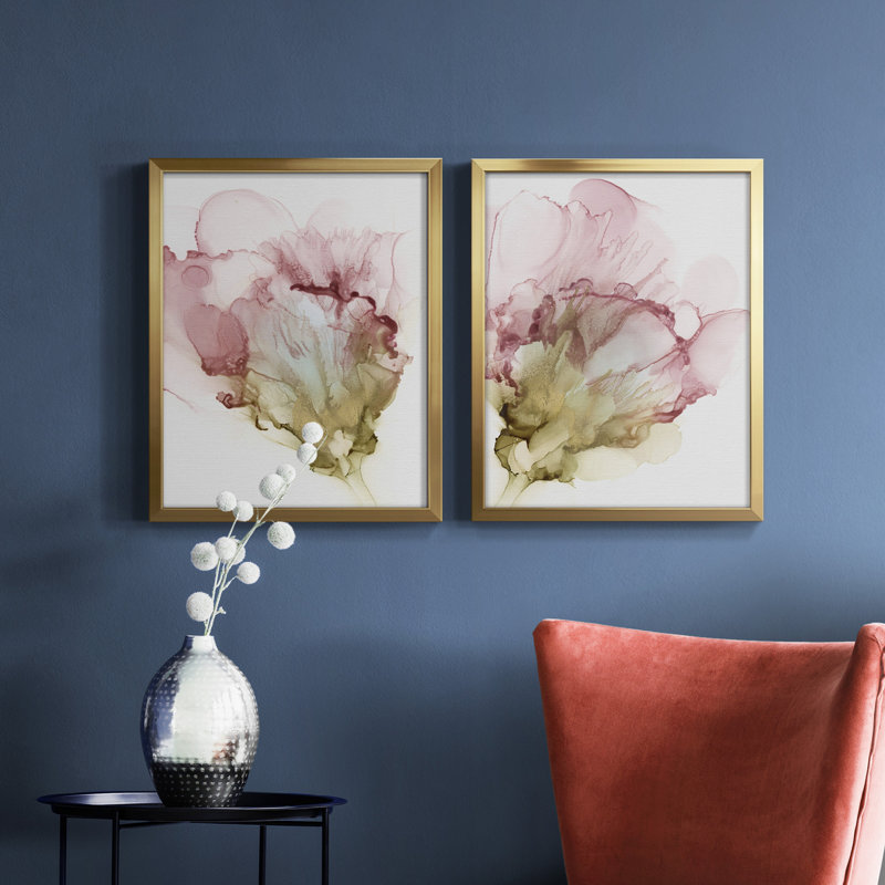 Floraison rose I, toile encadrée de qualité supérieure - prête à être accrochée, Papier avec cadre doré