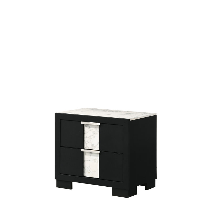 Armoire de chambre à coucher moderne - deux tiroirs en finition de table de chevet noire et en bois massif, Black/White