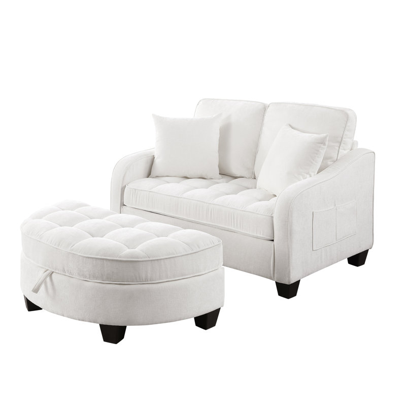 Accent Chair With Storage Semicircular Ottoman, Beige