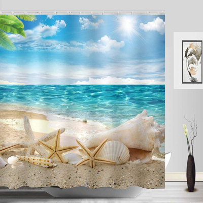 Beach Shower Curtain Fabric Washable Seashell Starfish Bathroom Decor Digital Printed No-Fade Blue 60 X 72 Inch