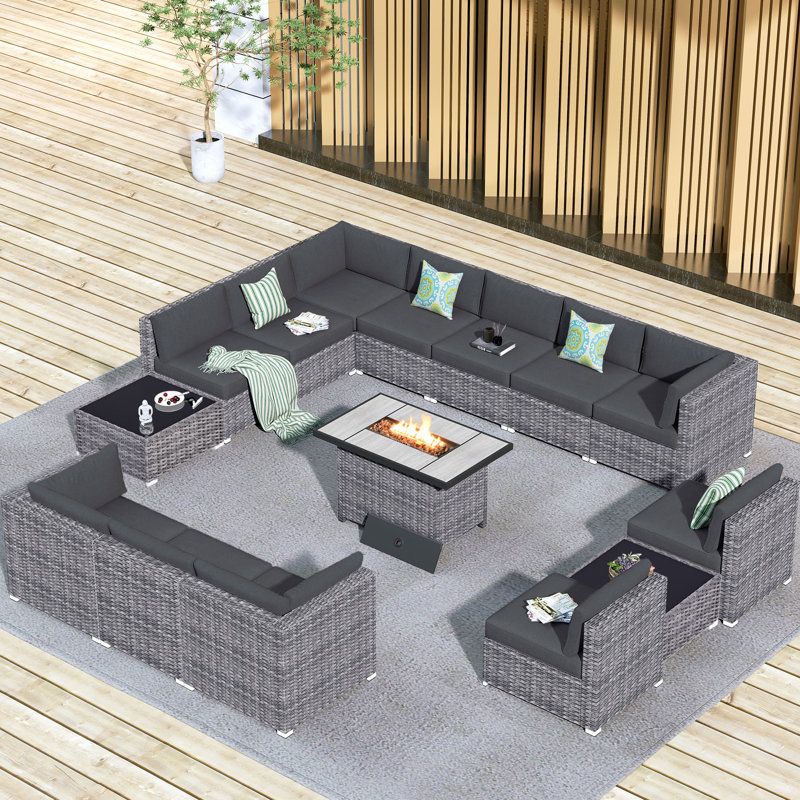 12-Person Outdoor Sectional With Cushions And Fire Pit,All-Weather Wicker Patio Set, Black