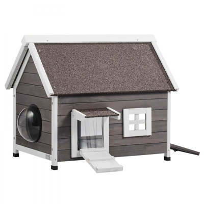 Outdoor Cat House Wooden Feral Cat Shelter with Roof Door Flaps & Window