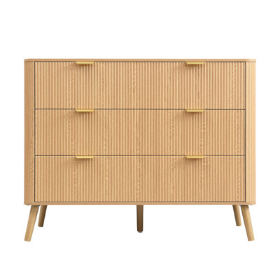 3 Drawer Chest of Drawers, Fluted Bedroom Storage Cabinet with Rounded Corners, Gold Handles & 4 Solid Wood Legs, Wide Dresser for Bedroom Living Room,Cream White