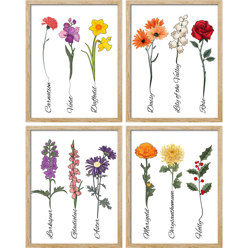 " Floral Botanical Flower Collection With Names " 4 - Pieces, Natural, 16" H x 12" W