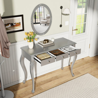 Silver Oval Mirror Makeup Desk With 3 Storage Drawers, Velvet Jewelry Tray, Exquisite Detail Craftsmanship, Solid Wood Legs, High - Quality Metal Rails, Perfect For Living Room, Bedroom Elegant