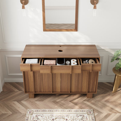 Base de meuble-lavabo autoportant 48 po avec 3 tiroirs, finition grain de bois de noyer et panneau vertical