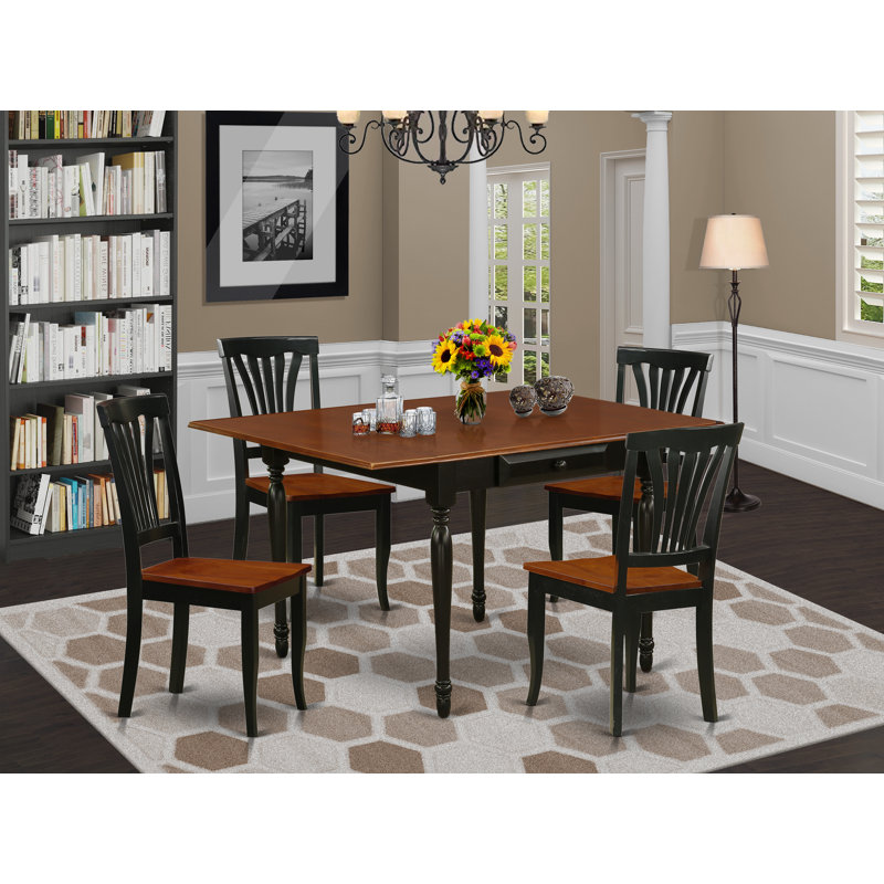 Rectangular Solid Wood Top-Dining Room Set with Dropleaf, Wooden, 5 Pieces: Table, 4 Chairs, White