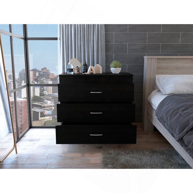 Melia Three Drawer Dresser, Superior Top, Metal Hardware -Black, Black