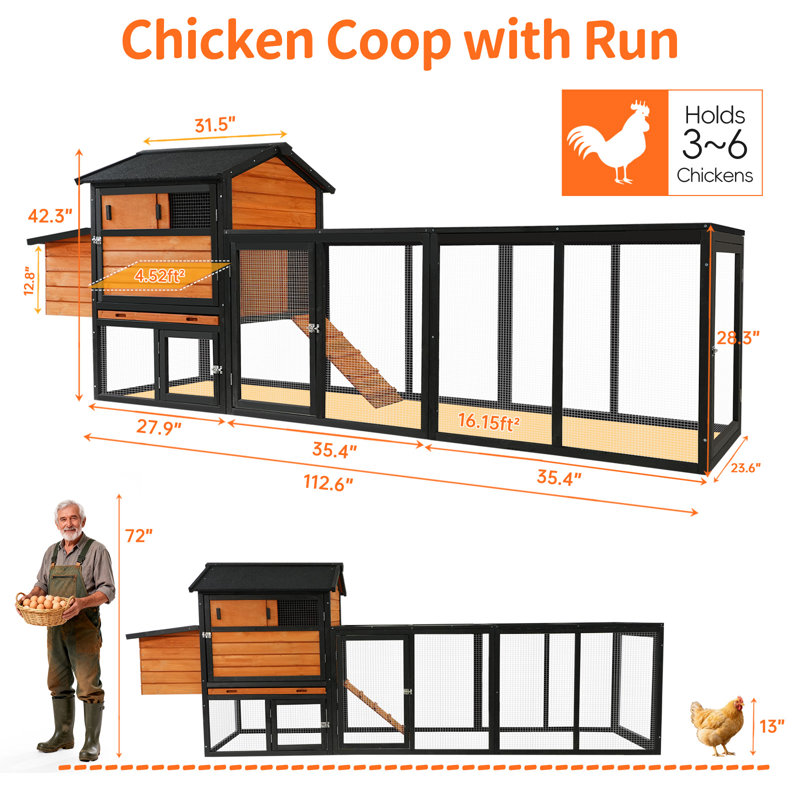 Cage à poulets en bois brun L 114,06 po x l 25,48 po x H 42,32 po 1 pièce