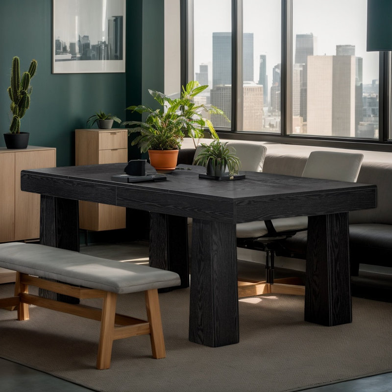 Table de salle à manger noire moderne pour 4 à 6 personnes, table de cuisine industrielle élégante avec pieds fuselés