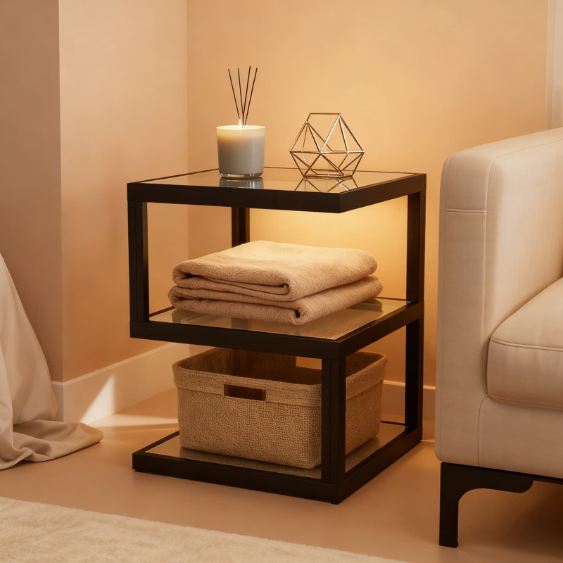 Table d'appoint moderne à DEL en forme de S, table de bout en verre à 3 niveaux pour le salon et la chambre à coucher, avec éclairage à DEL réglable
