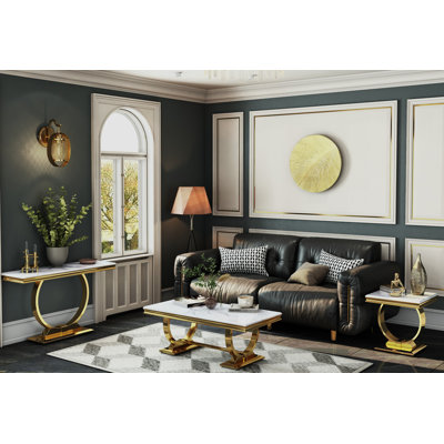 Anewsun 3 Piece Living Room Table Set With End Table, Luxury Coffee Table Set With Gold U-Base And Square Bottom Plate, White And Gold