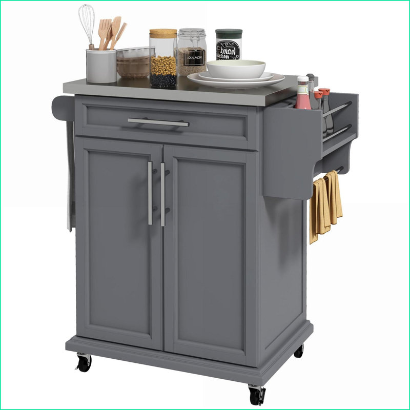 Îlot de cuisine sur roulettes avec comptoir en acier inoxydable, rangement et amp; Supports | Gris ardoise | Bois, Gris
