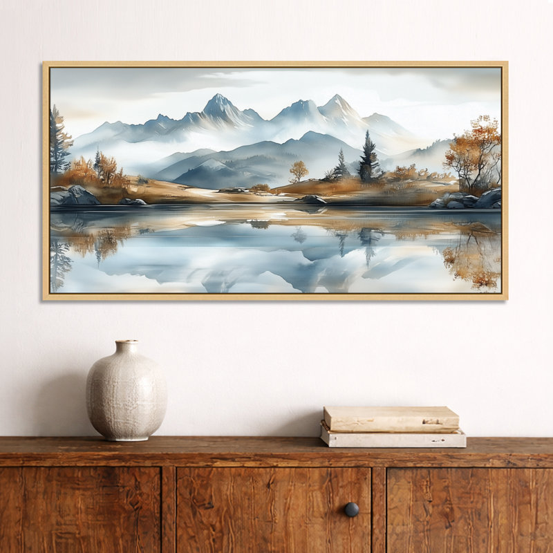 «White Brown Mountain Reflection in Crystal Lake», décor mural blanc, impressions encadrées rustiques, H 16 po x l 32 po