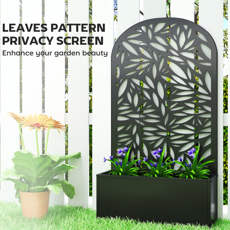 Outsunny Metal Garden Bed with Trellis, Leaves Cut-out