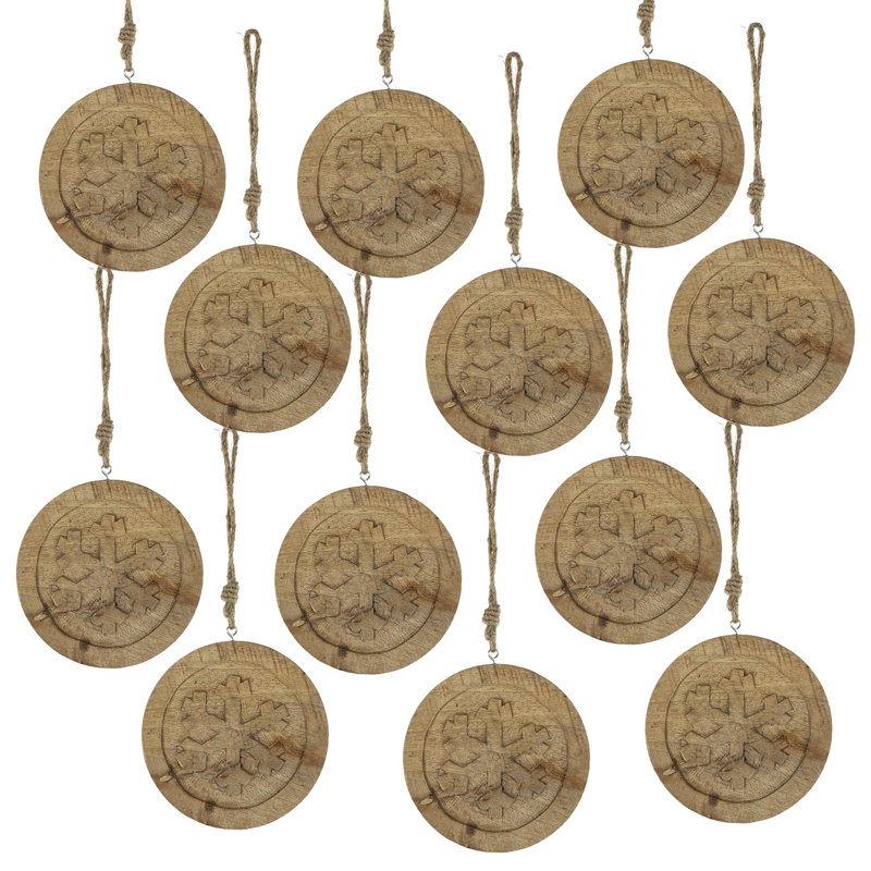 Ensemble de 12 décorations de flocon de neige en bois 6 pouces avec 12 décorations d'arbre de Noël en bois de manguier naturel avec crochets en jute