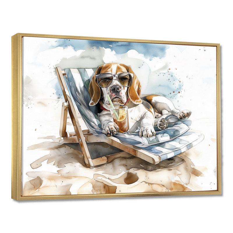 Beagle avec lunettes de soleil sur une chaise de plage, Toile avec cadre flottant or, H 12 po x l 20 po x P 1 po