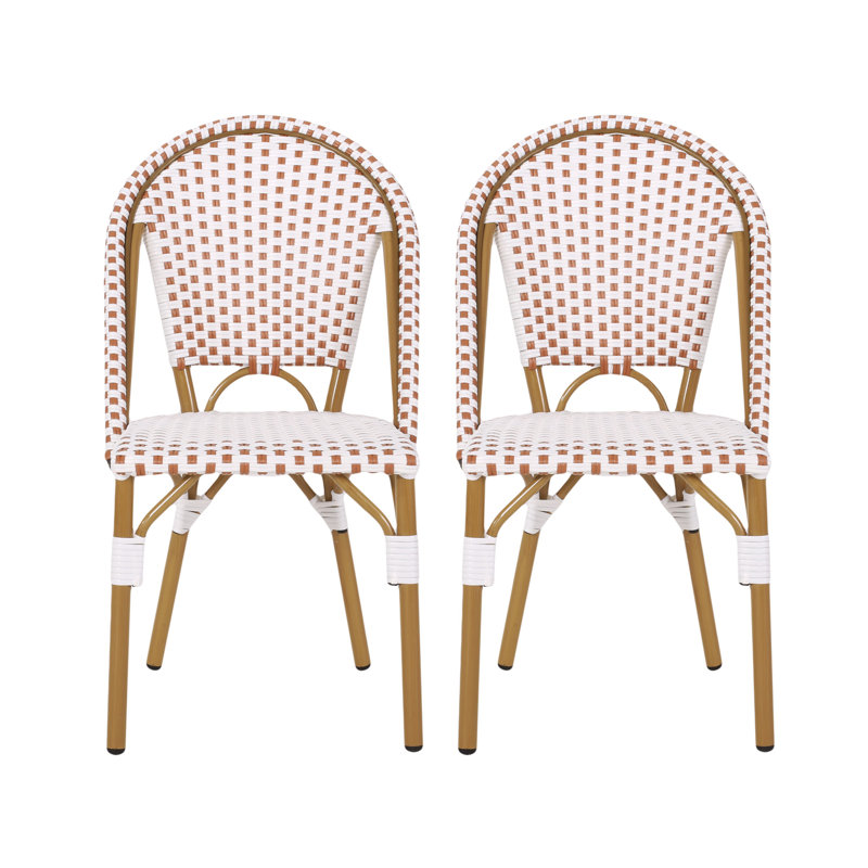 Ensemble de 2 chaises bistro d'extérieur Bo, blanc et brun, faux rotin, métal